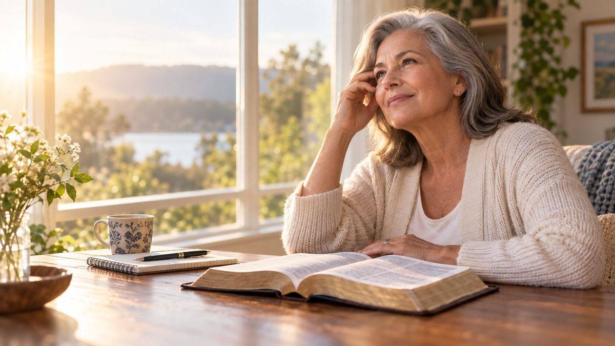 A woman reflecting peacefully beside an open Bible in warm morning light.