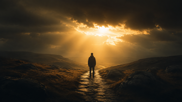 A solitary person standing on a dark path beneath golden light breaking through the clouds.
