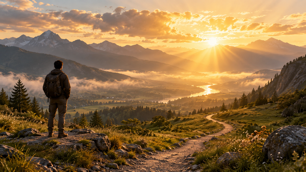 A person overlooking a peaceful mountain valley as a golden sunrise illuminates a winding path.