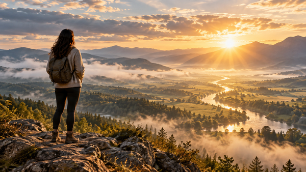 A woman overlooking a peaceful valley at sunrise as a bright path winds toward the light.