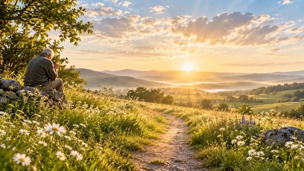 An elderly man praying on rocks beside a bright meadow path at sunrise.