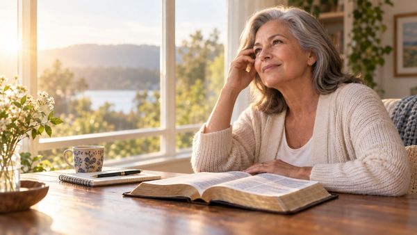 A woman reflecting peacefully beside an open Bible in warm morning light.