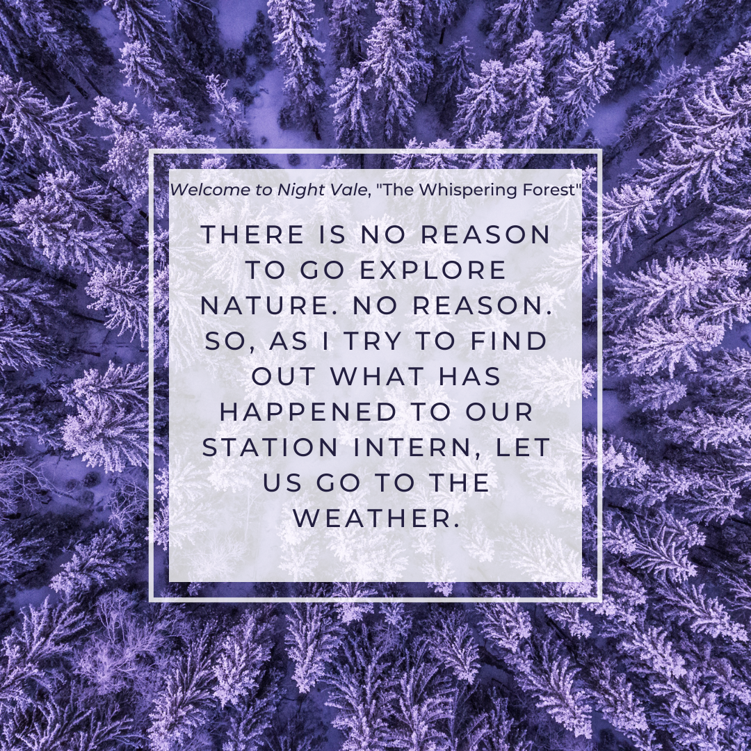 A top-down picture of a purple forest dusted in snow of tall pine trees. A quote from "The Whispering Forest" episode of Night Vale says "There is no reason to go explore nature. No reason. So, as I try to find out what has happened to our station intern, let us go to the weather."
