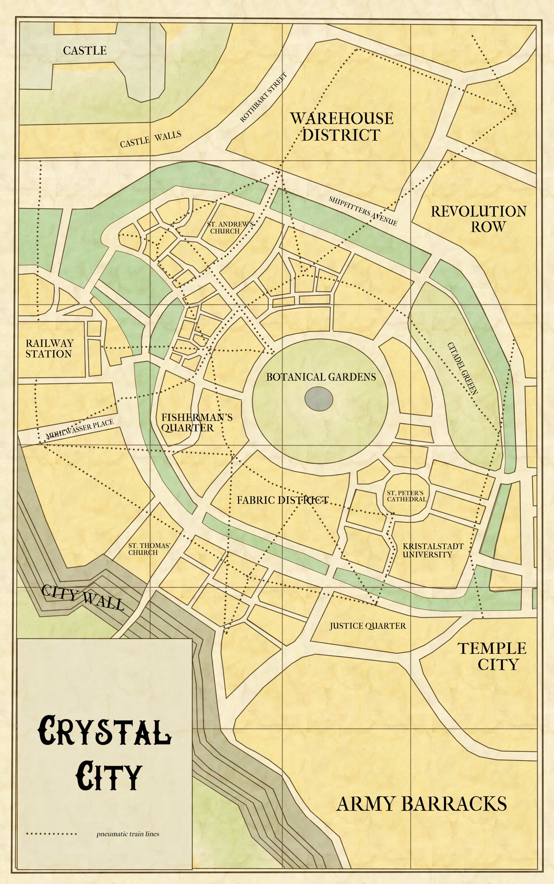Map of Crystal City. A dotted line runs in triangle shapes along the interior; these are penumatic train lines. The lower right quadrant is labeled Army Barracks and above it is Temple City. On top of that is the Justice Quarter. To the west of the Justice Quarter lies St. Thomas' Church and further northwest is the Railway Station. Along the outer limits is a large gray shape: the City Wall. A river runs in a circle enclosing the center of the city and leading out to the east and west. In the very center lies the Botanical Gardens, surrounded by (clockwise from the north) Citadel Green, St. Peter's Cathedral, Kristalstadt University, Fabric District, Fisherman's Quarter, and St. Andrew's Church. Beyond the river to the north lies the Castle to the west surrounded by castle walls, The Warehouse District, and Revolution Row. On the map are three labeled streets: Rothbart Street between the castle and the warehouse district, Shipfitters Avenue in between the river and the warehouse district, and Mihilwasser Place.