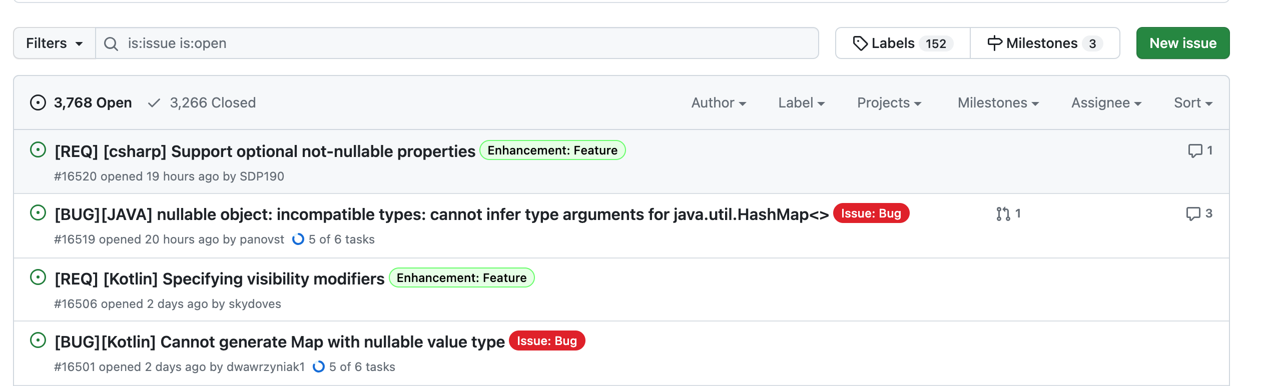 exemple d'issues sur un projet Github