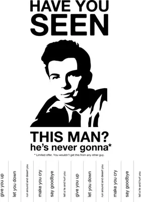 Affiche de recherche de Rick Astley avec le texte du refrain de "Never Gonna Give You Up"