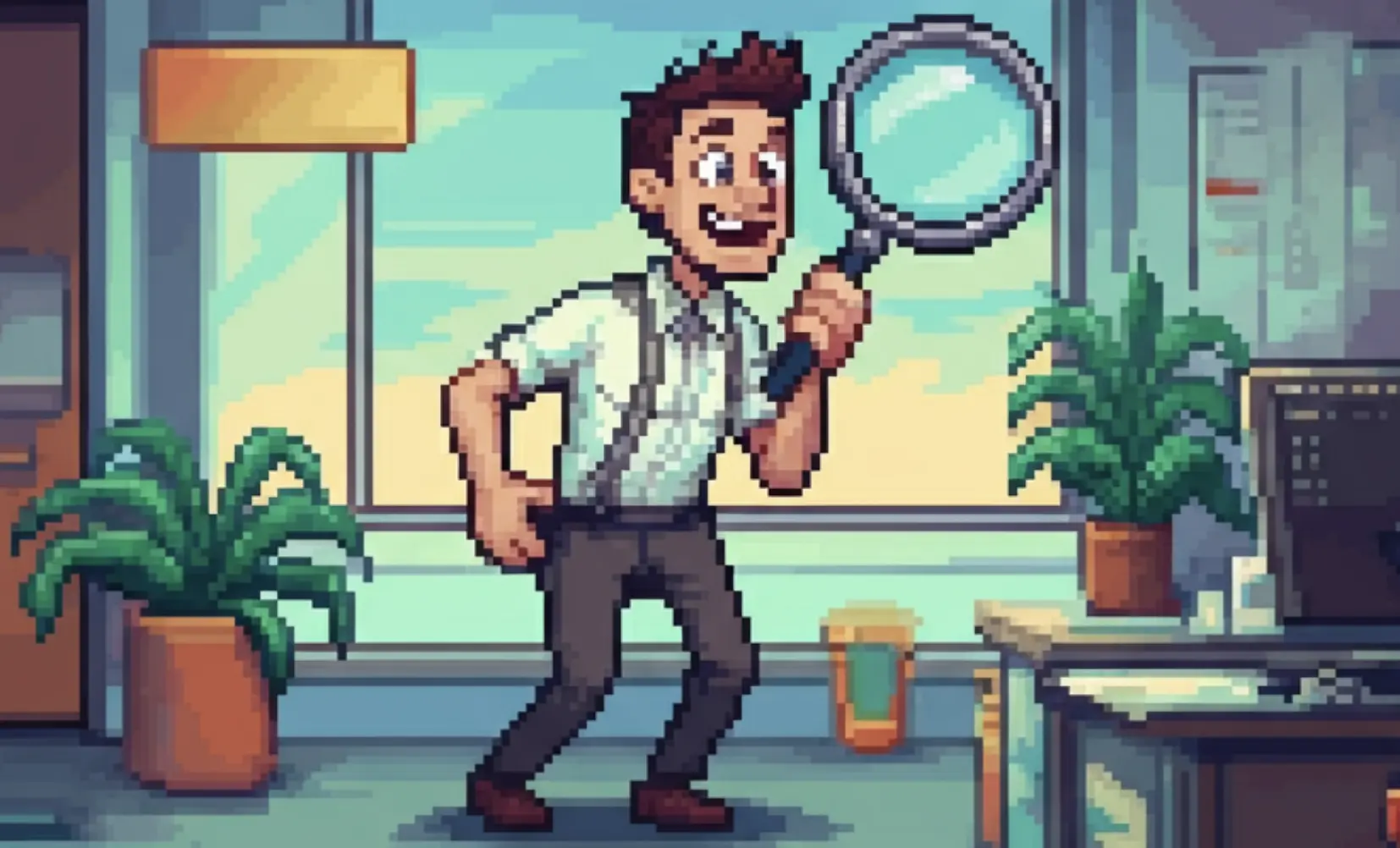 Un homme au milieu d'un bureau avec une loupe géante à la main