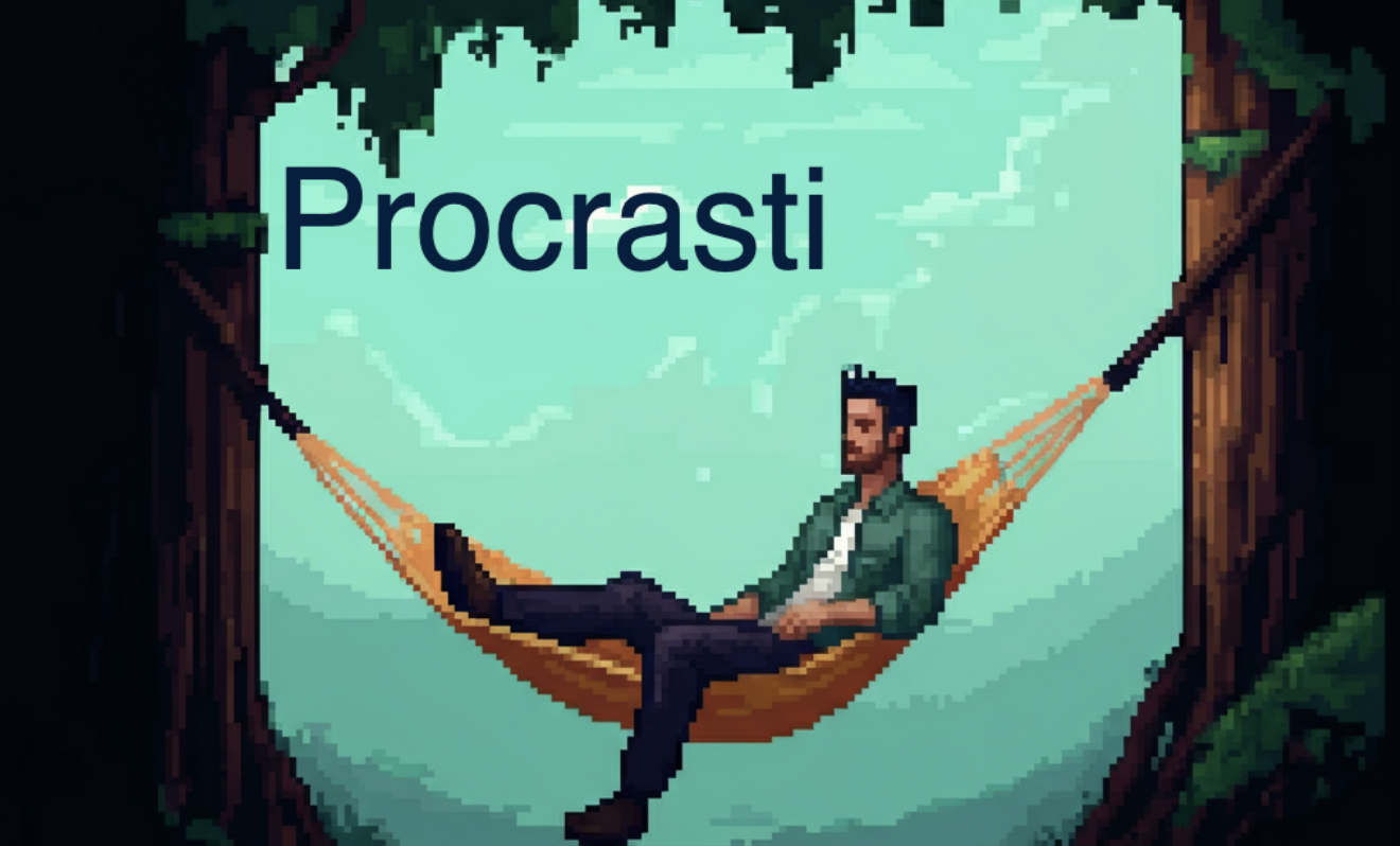un homme allongé sur son hamac avec le titre "procrasti" écrit au dessus de lui