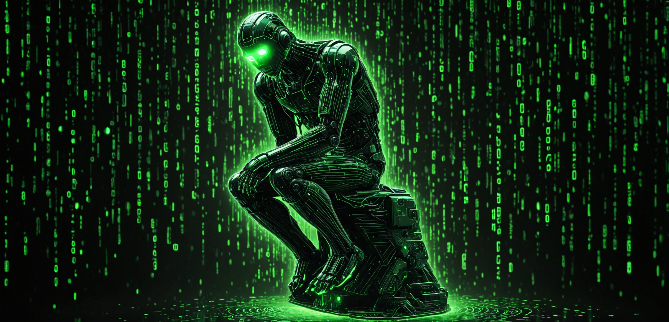 Un robot un peu perdu, avec une pose identique à celle du penseur de rodin, dans des tons vert et noir