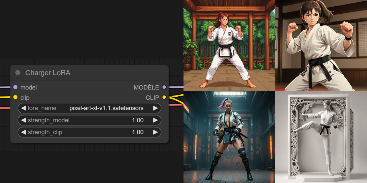 Une node, une prompt identique, et 4 styles différents (Pixel, Ghibli, Cyberpunk, et Sculpture) grâce aux LoRAs