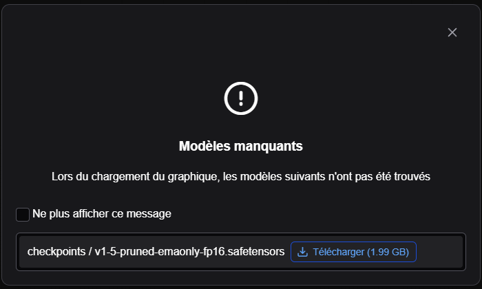 La fenêtre de téléchargement du modèle stable diffusion 1.5