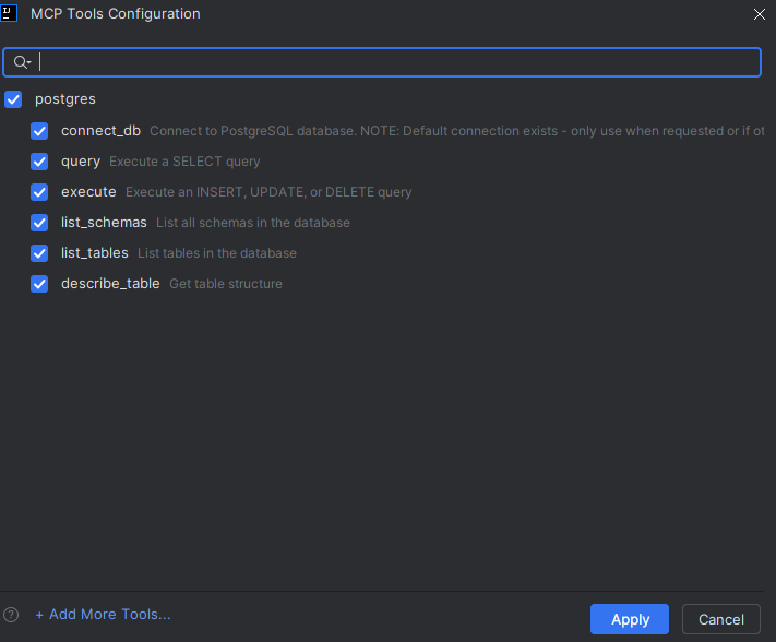 Liste des outils suite a l'ajout du serveur mcp postgres