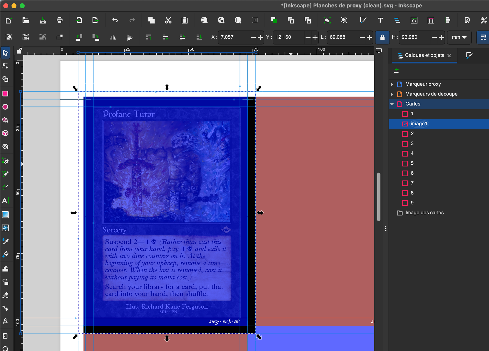 The visual for "Profane Tutor" MTG card properly aligned in the Inkscape template