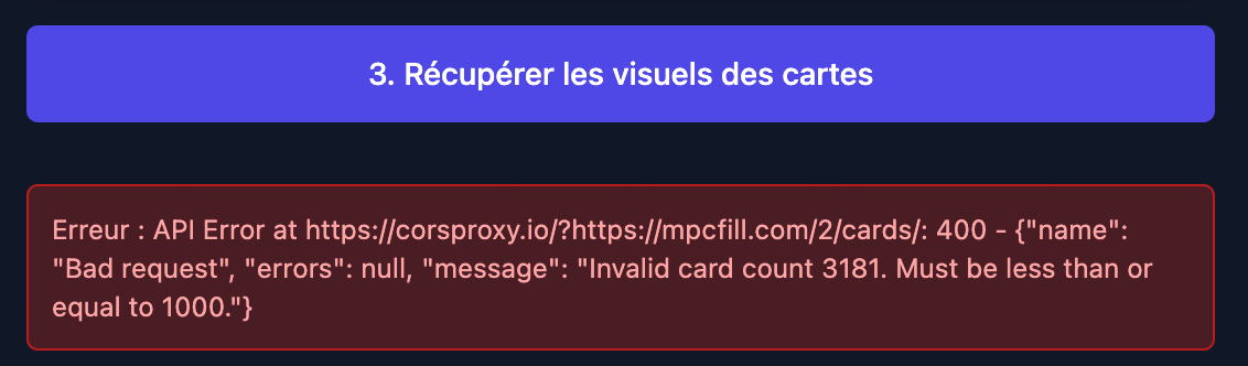 An error message showing "Invalid card count 3181. Must be les than or equal to 1000."