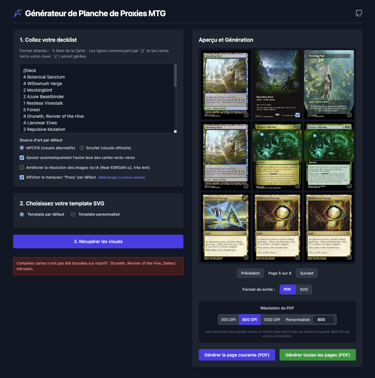 a rich UI screenshot with a list of MTG cards, a bunch of buttons and some cards visuals