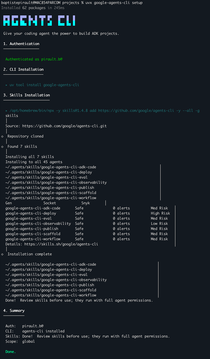 Installation de agents-cli et des skills