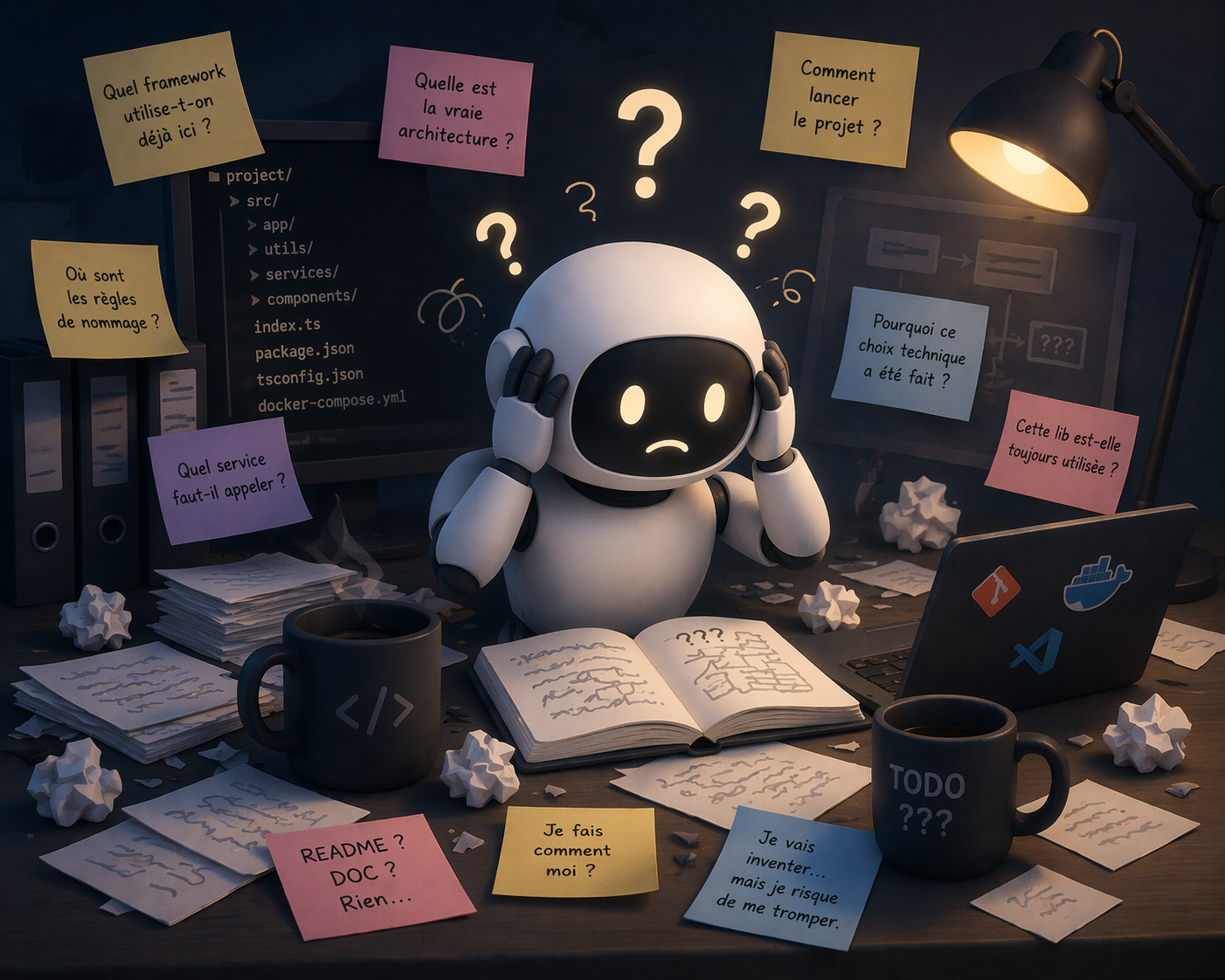 Un robot visiblement confus avec un ordinateur et un livre