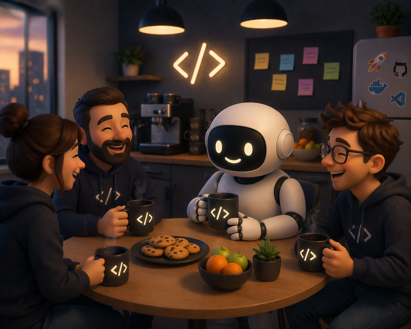 3 développeurs humain et un robot buvant un café autour d’une table