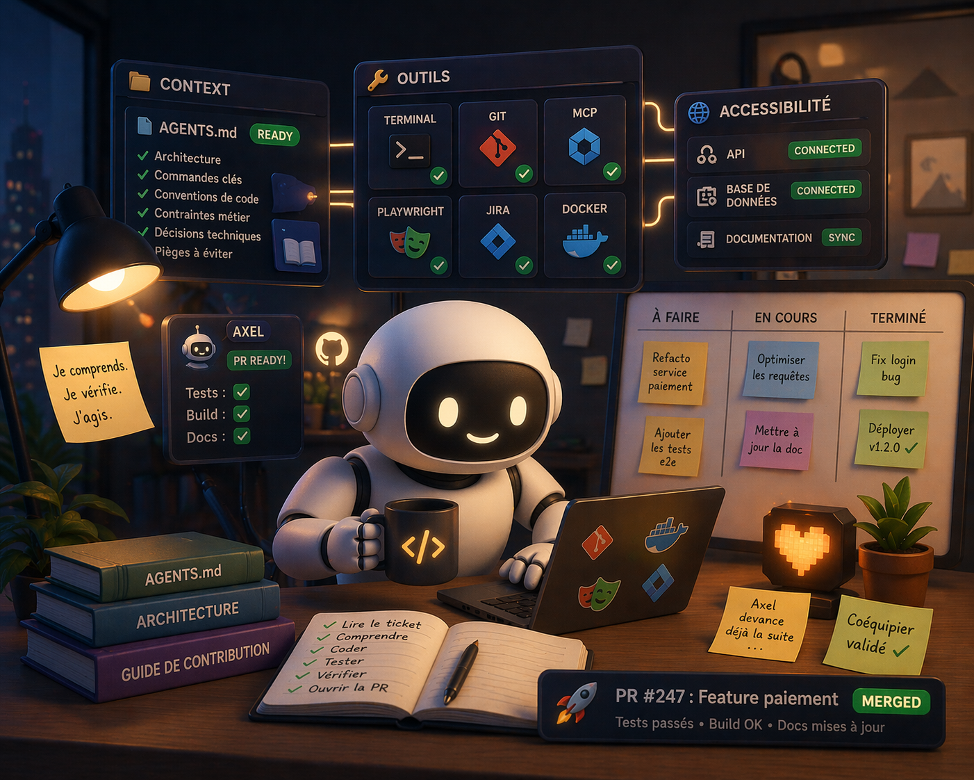 Un robot souriant avec une tasse de café devant son ordinateur