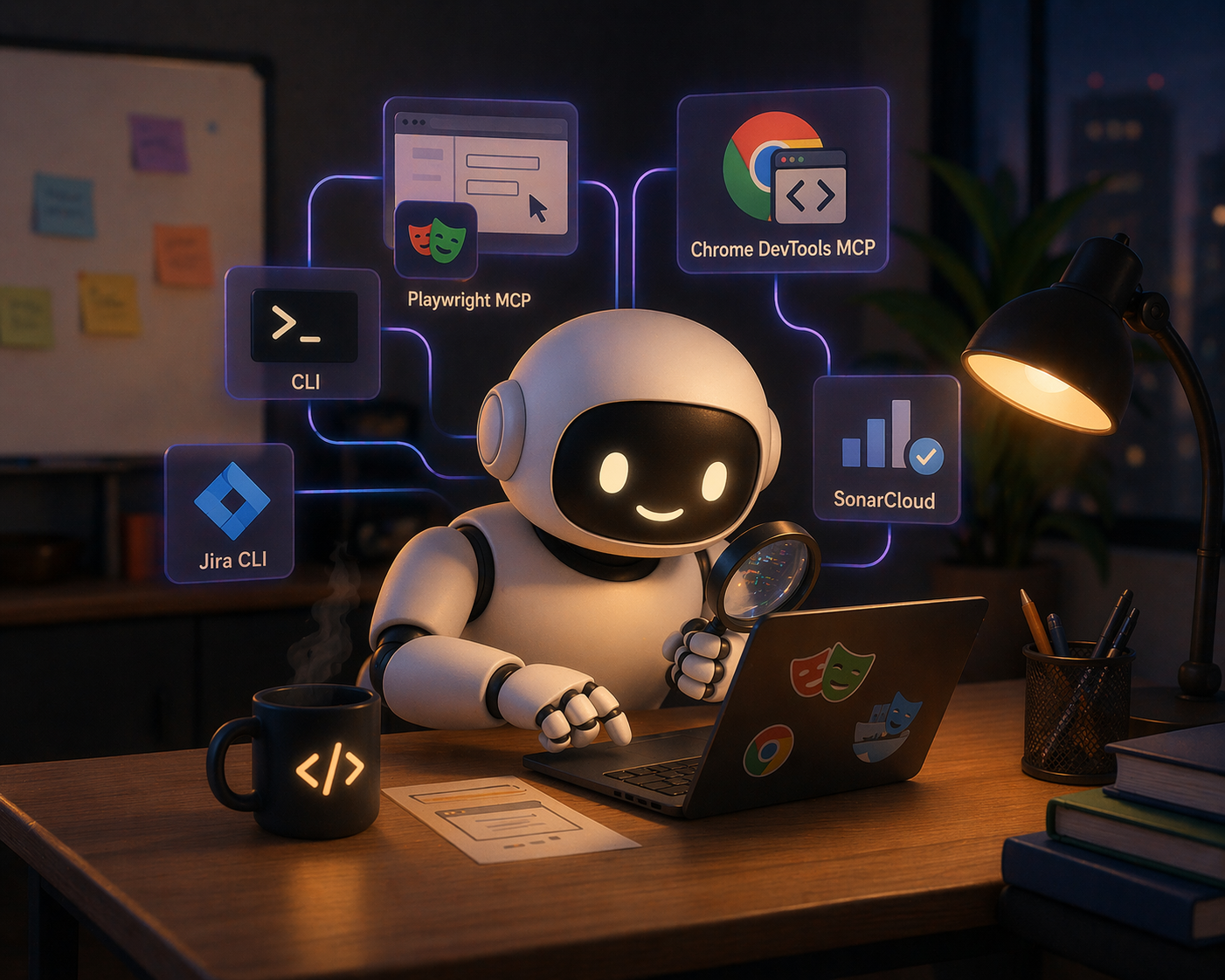 Un robot tenant une loupe, manipulant son ordinateur