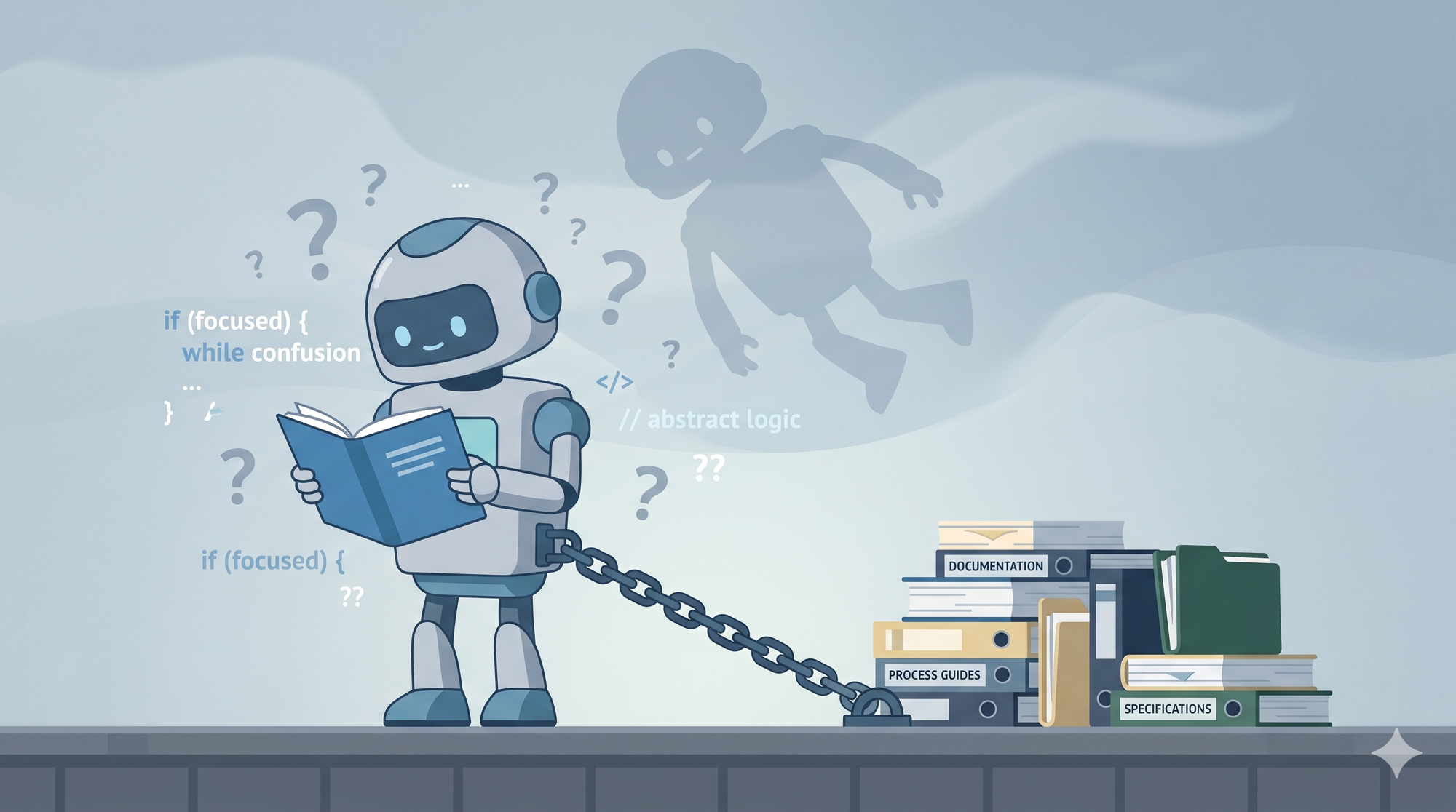 Un robot ancré au sol par une chaîne reliée à une pile de documentation structurée, entouré de points d'interrogation flottants, pendant qu'une silhouette fantôme du même robot dérive sans ancre.