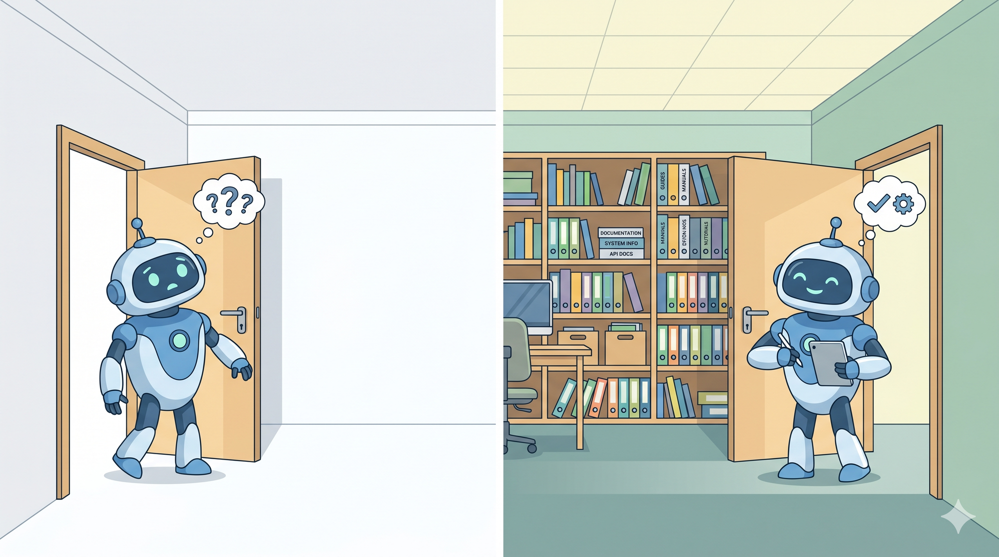 À gauche, un robot entre dans une pièce vide et se retrouve désorienté. À droite, le même robot entre dans une pièce avec une bibliothèque organisée et est immédiatement prêt à travailler.