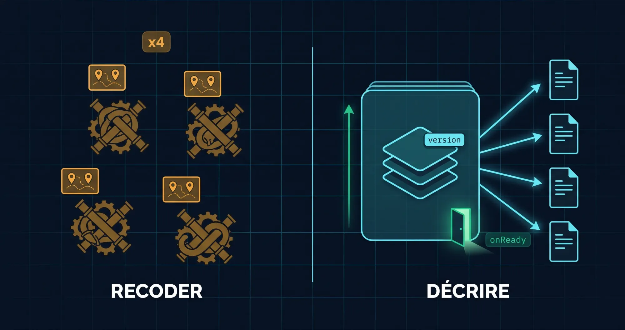 À gauche, quatre cartes traînant chacune sa plomberie emmêlée ; à droite, un noyau de librairie versionné alimente quatre fichiers de config identiques, la porte onReady entrouverte.