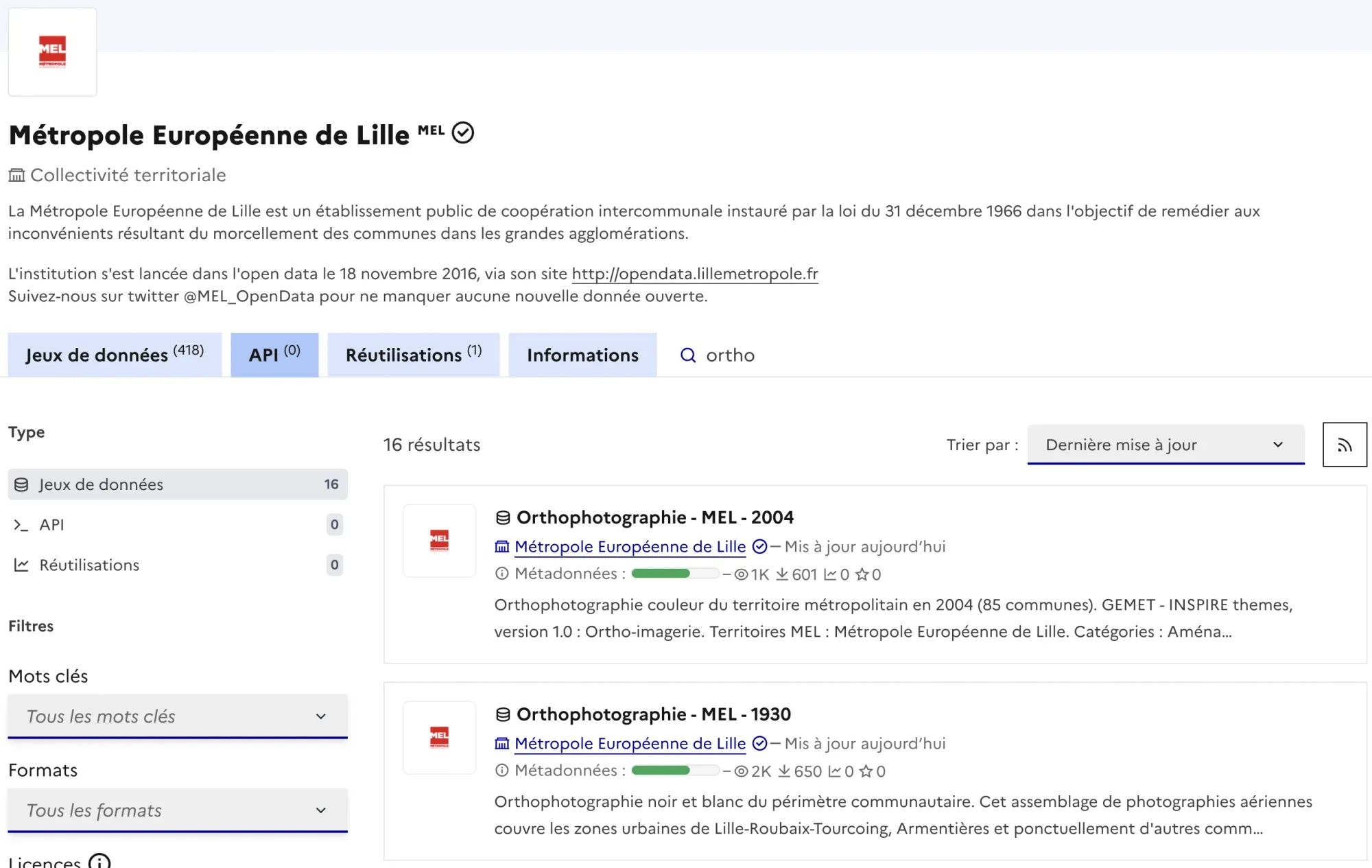 Capture de la page data.gouv.fr de la Métropole Européenne de Lille filtrée sur « ortho » : un jeu de données par millésime, de 1930 à nos jours.