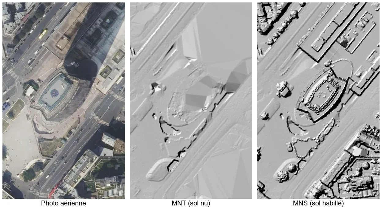 Esplanade au pied de la Tour Montparnasse à Paris comparée en photo aérienne, en MNT où les murets de la place sont lissés, et en MNS où leurs contours ressortent nettement.
