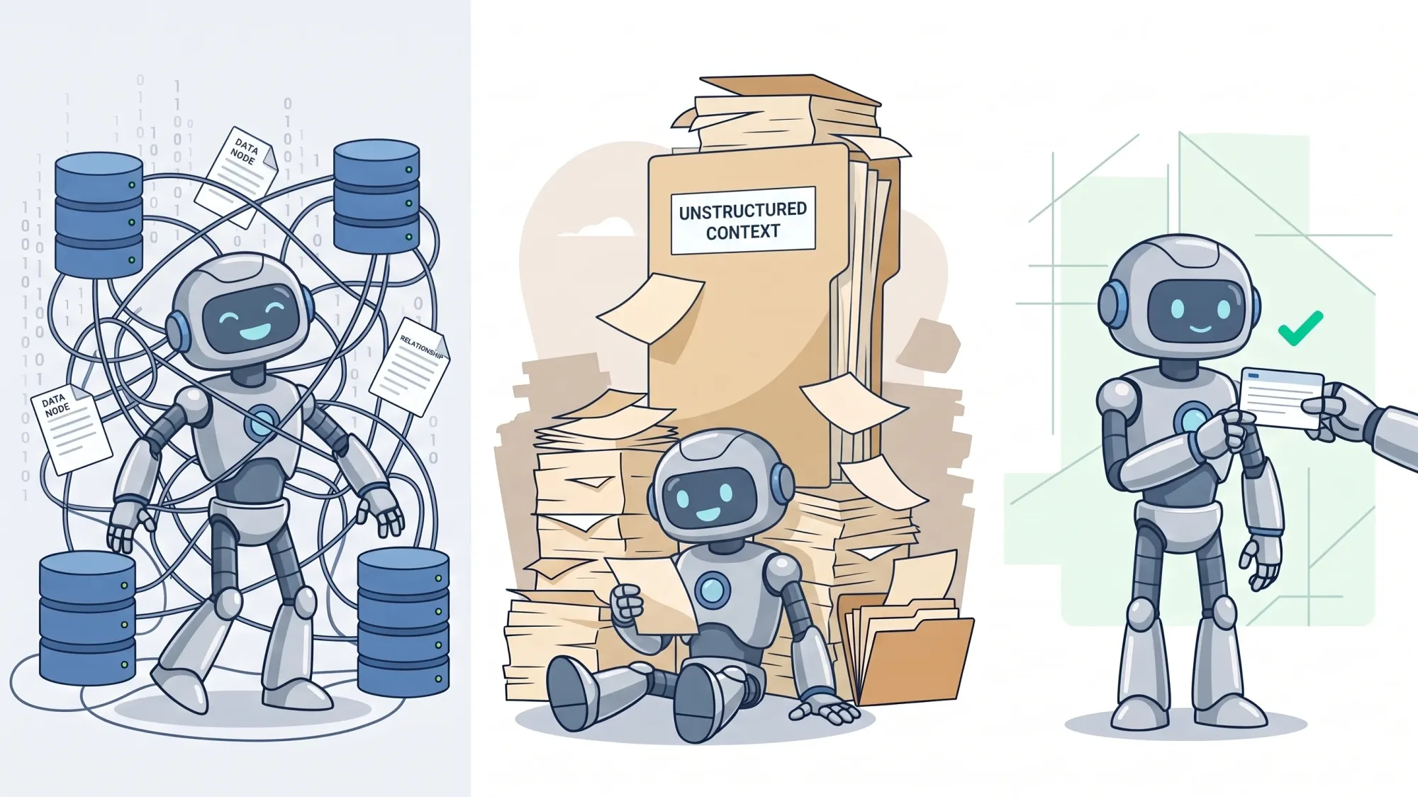 Trois robots agents côte à côte, chacun avec sa façon de recevoir du contexte : une base de documents indexée, un fichier de règles local, une fiche unique chargée à la demande via une URL