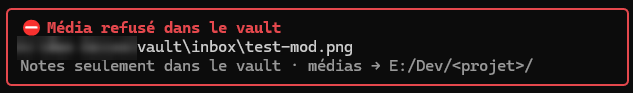 Encadré rouge dans le transcript de Claude Code indiquant qu'un fichier image a été refusé dans le vault.