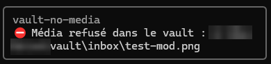 Notification de Claude Code, sous le nom du mod, signalant qu'une image a été refusée dans le vault.