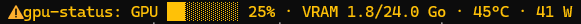 Ligne d'état de Claude Code affichant la charge du GPU, la mémoire vidéo, la température et la consommation.