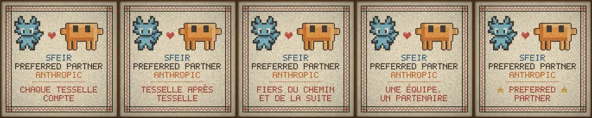 Cinq tuiles de la communication SFEIR et Anthropic alignées en mosaïque Cinq tuiles carrées alignées en mosaïque, chacune avec deux personnages en pixel art, l'un bleu et l'autre orange, et un message différent en dessous.