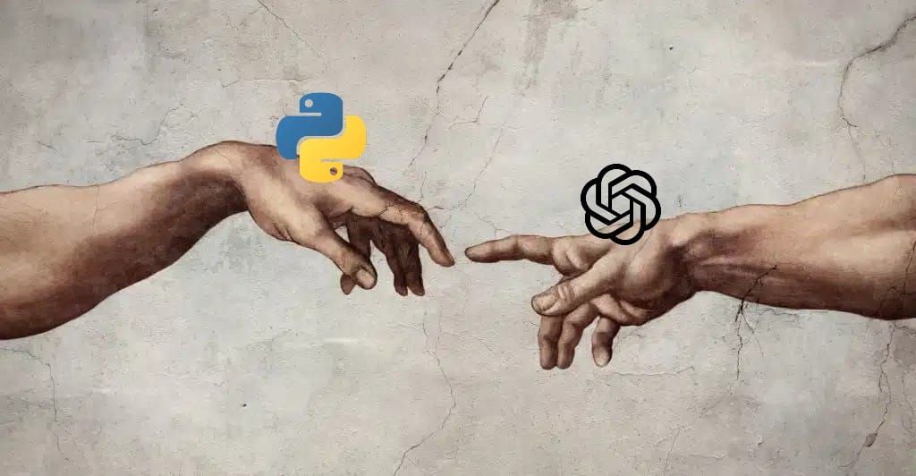 Illustration inspirée de La Création d’Adam avec les logos de Python et d’un modèle LLM représentant leur connexion.