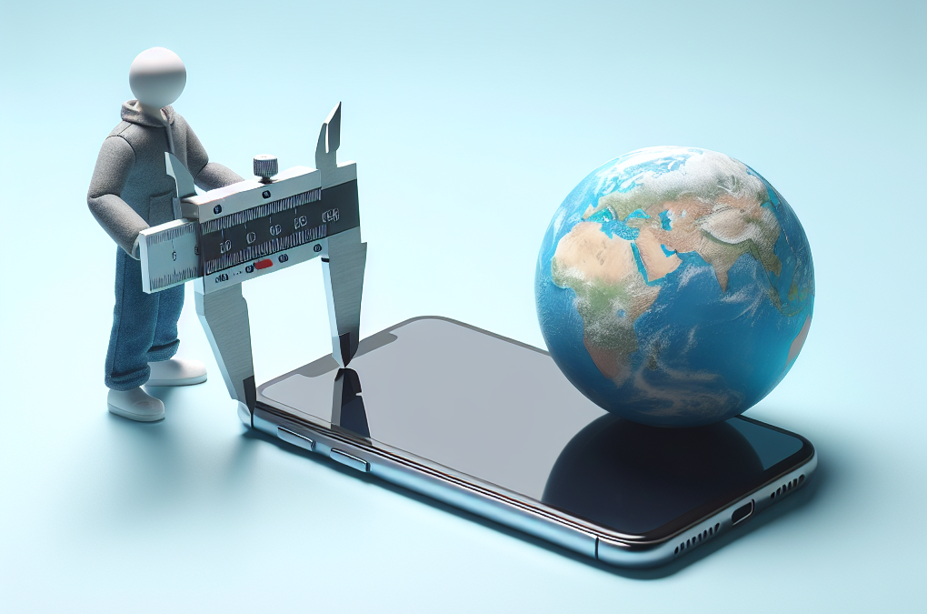 Un personnage mesure un smartphone comparativement à la taille de la Terre