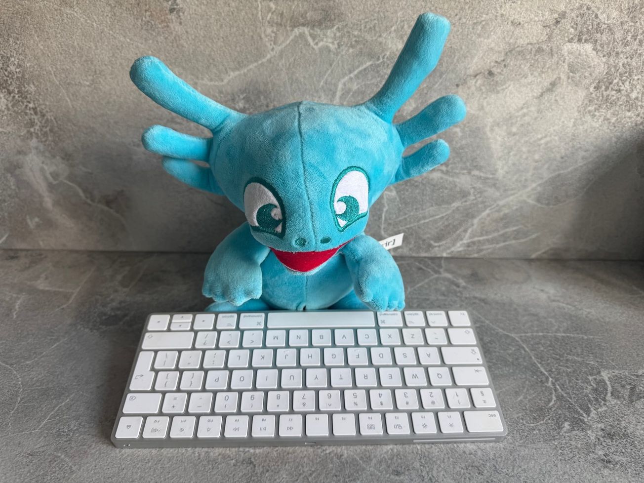 Axo, la peluche mascotte de SFEIR devant un clavier