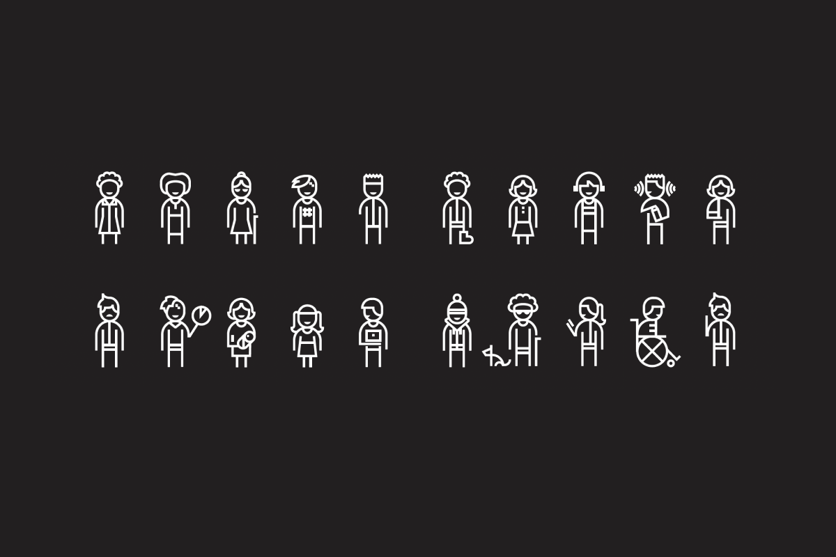 Illustration représentant des personnes variées ayant des problèmes d'accessibilité (handicap, parent avec enfant...)