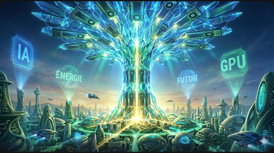 Un arbre technologique dans une ville futuriste où les sigles "IA", "Énergie", "Futur" et "GPU" apparaissent en projection dans le ciel.