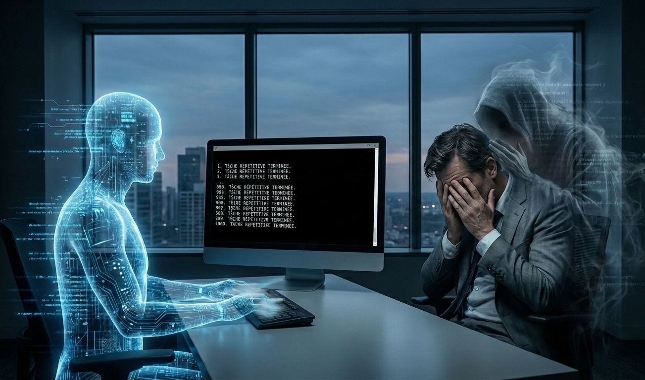 IA holographique pilotant un PC face à un homme prostré. Une ombre plane, symbolisant l'infiltration de la technologie et la perte de contrôle de l'humain sur son propre travail.