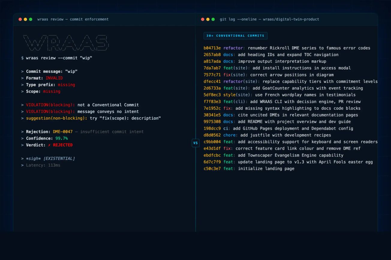 Terminal splitté : à gauche, WRAAS rejette un commit "wip" avec un sigh EXISTENTIAL ; à droite, le git log du projet avec 30+ Conventional Commits impeccables.