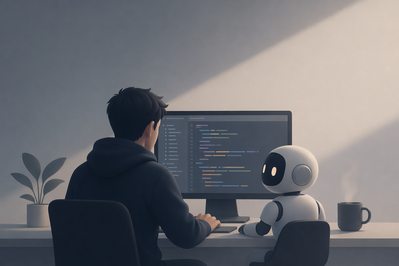 Homme qui développe avec un robot à côté de lui