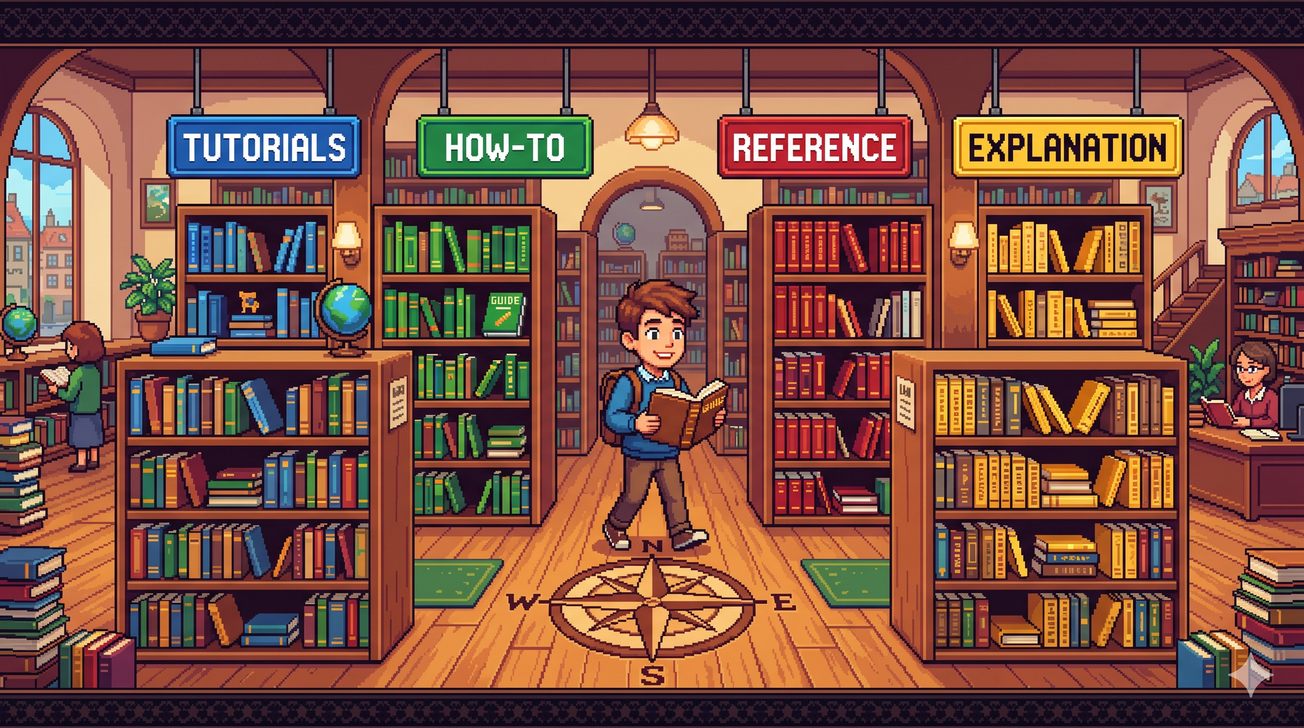 Une bibliothèque avec quatre sections distinctes et clairement étiquetées : Tutorials, How-to, Reference, Explanation