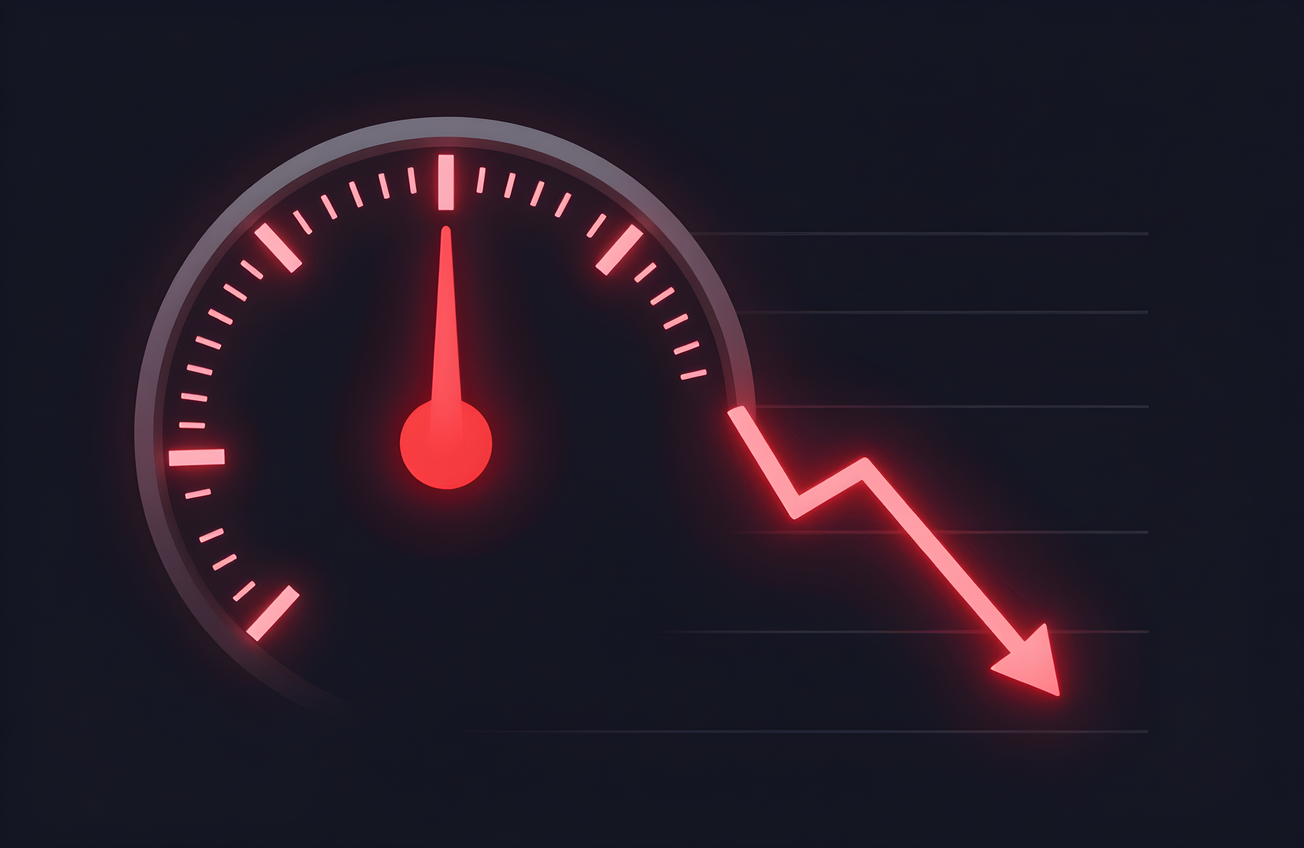 Jauge rouge sur fond sombre dont l'aiguille chute, illustrant la réduction de la consommation de tokens sous Claude Code.