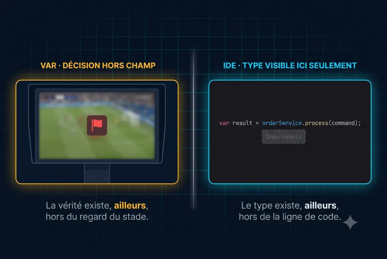 Écran divisé : à gauche un arbitre de foot devant un moniteur VAR flouté, à droite un éditeur de code où le type d'une variable déclarée en `var` reste invisible.