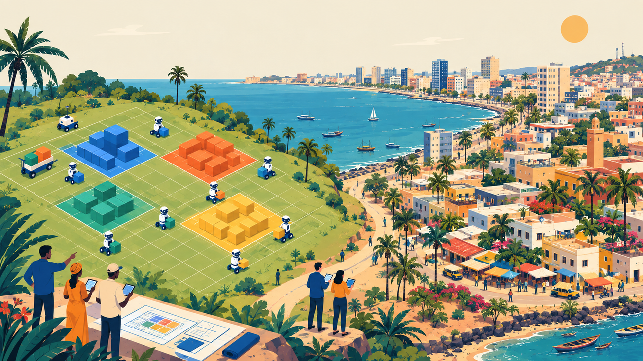 Illustration en deux parties : à gauche, des agents IA construisent des blocs modulaires sur un terrain vierge à droite, ils travaillent chacun dans un quartier délimité d'une ville existante