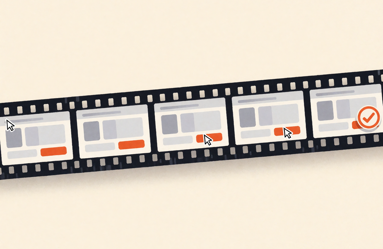 Pellicule de film dont les images montrent un curseur qui s'approche d'un bouton orange, validé par une coche dans la dernière image.