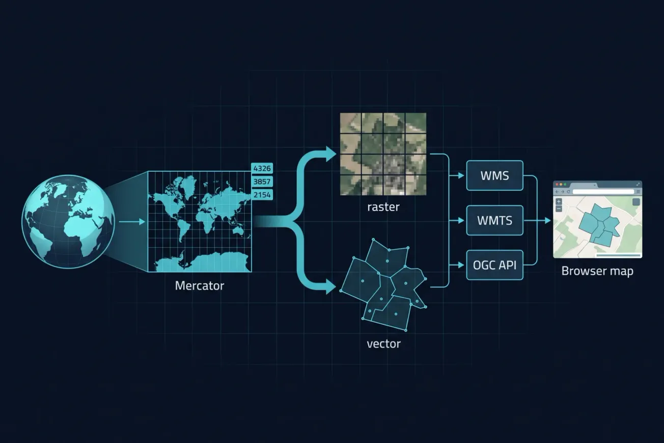 Illustration d'un globe terrestre qui se déploie en grille Mercator, puis se scinde entre un flux raster (WMS/WMTS) et un flux vectoriel (GeoJSON/OGC API) alimentant une carte web.
