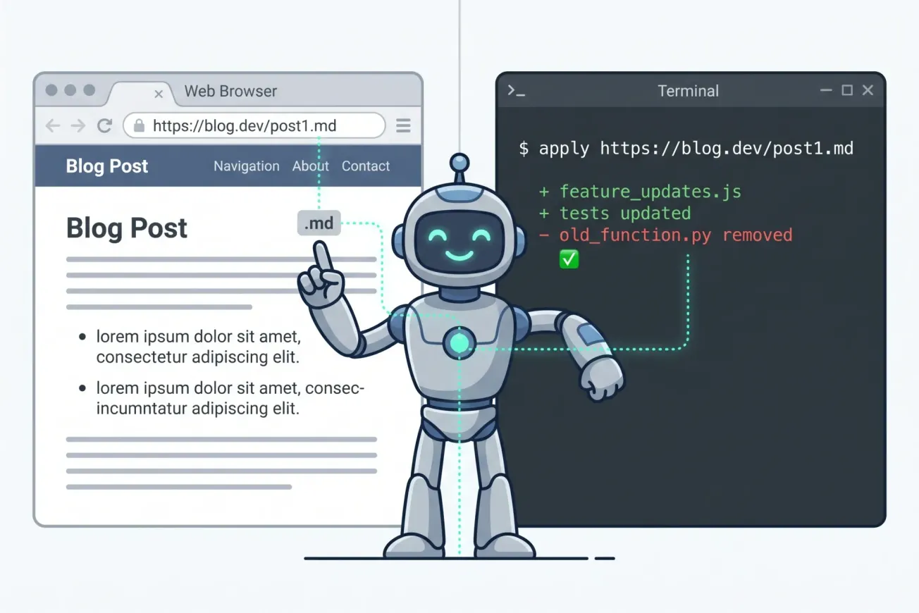 Illustration en deux panneaux : à gauche une page de blog dont l'URL se termine en .md surligné en cyan, à droite un terminal qui exécute cette URL et affiche un diff de code