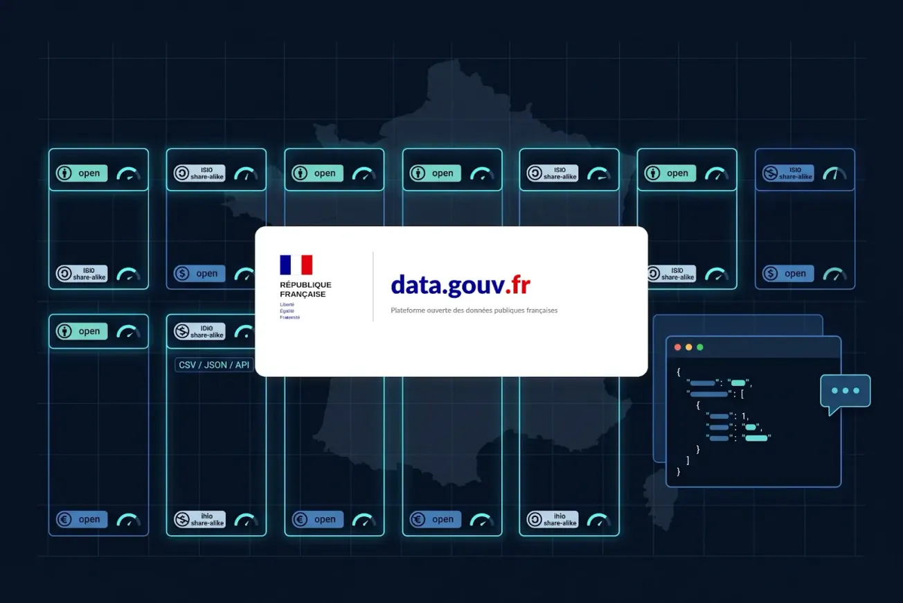 Illustration d'un catalogue de jeux de données open data, chaque fiche affichant un badge de licence et une jauge de qualité, avec un terminal montrant une réponse d'API JSON.